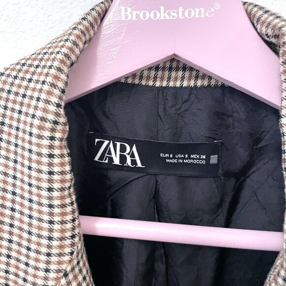 Zara Houndstooth Brown Black Long Sleeve Lapel Collar Blazer Size S - Picture 2 of 6